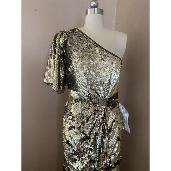 Mac Duggal Gold Sequin One Shoulder High Slit Evening Gown Dress sz 10 NWT $698 - Picture 8 of 12